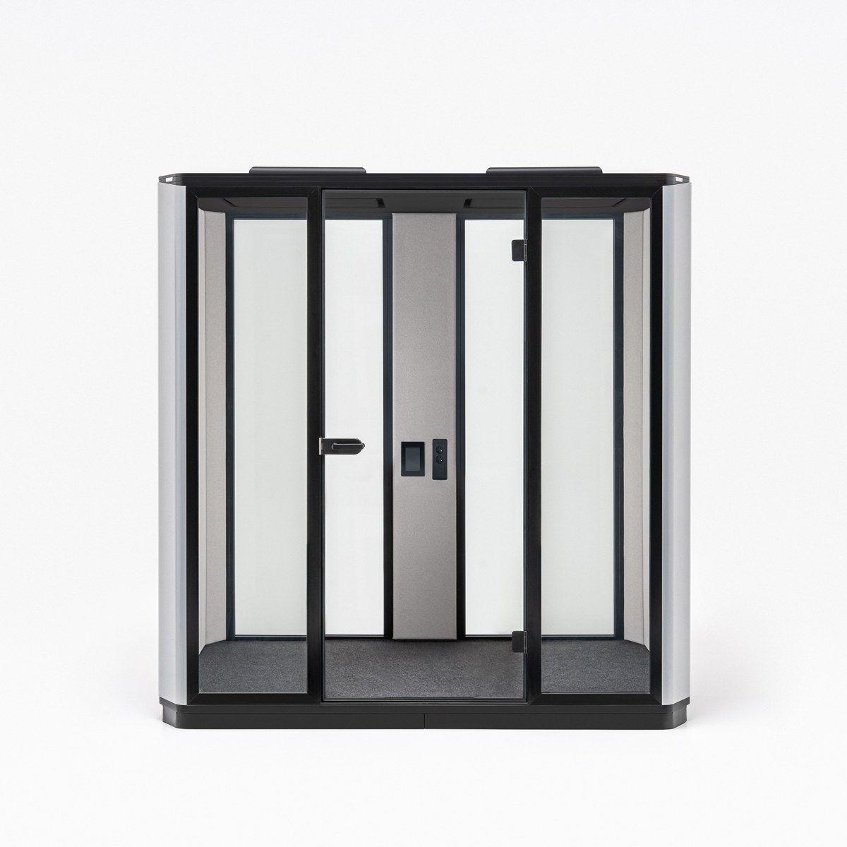 Cabine acoustique 4 places en version nue, sans banquettes ni table, vue de face
