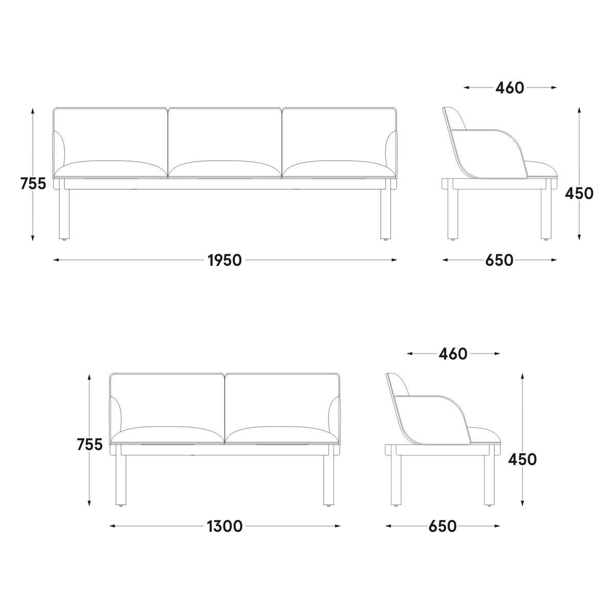 Schéma coté des canapés 3 places (195 cm) et 2 places (130 cm), profondeur 65 cm, assise à 45 cm