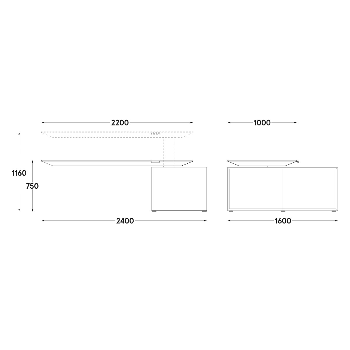 Schéma coté du bureau de direction : 240 x 160 cm au sol, plateau 220 x 100 cm, hauteur 75 à 116 cm