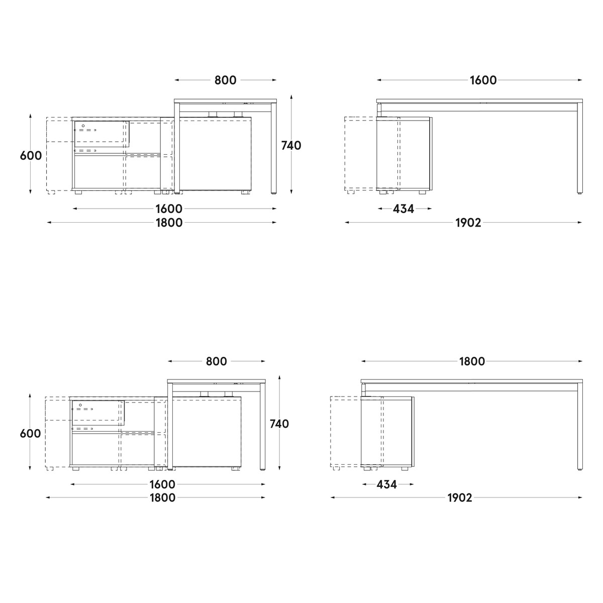 Schéma coté du bureau de direction avec armoire de retour en 160 et 180 cm de large