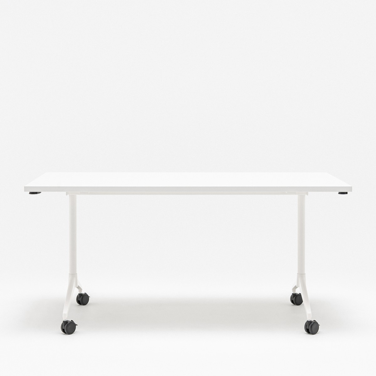 Table de réunion rectangulaire blanche sur roulettes à frein, vue de face