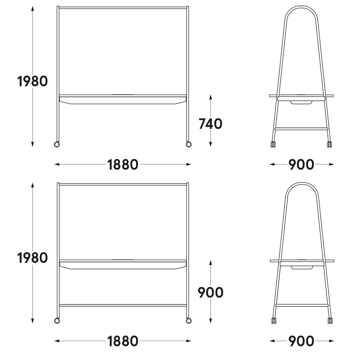 Schéma coté de la table de réunion mobile en hauteur standard 74 cm et en hauteur haute 90 cm, 188 cm de long