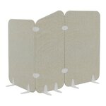 Trois cloisons acoustiques beige reliées en angle droit sur pieds fixes blancs