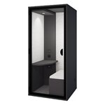 Cabine individuelle assise anthracite avec banquette et tissu gris clair, fond plein