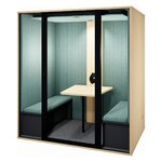 Cabine 4 personnes en chêne fil à tissu vert deau et fond plein, avec deux banquettes et une table