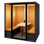 Cabine 6 personnes anthracite à tissu moutarde et fond plein, avec deux banquettes et une table centrale