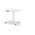Bureau compact assis-debout électrique blanc à pied central, vue de trois quarts