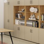 Armoires de bureau beige à portes battantes et niches ouvertes en chêne