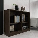 Étagère basse de bureau en décor noyer brun avec cloison centrale et livres