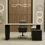 Bureau de direction électrique vert roseau sur meuble porteur, pied en feutre noir