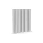 Cloison acoustique droite à segments en tissu gris clair sur socles ronds, fond blanc