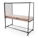 Table haute mobile à cadre noir et plateau rose clair, vue côté tableau blanc