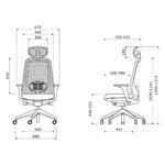 Schéma coté de la chaise de bureau ergonomique de face et de profil, avec appui-tête