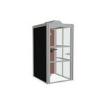 Cabine acoustique individuelle, paroi latérale tapissée et façade vitrée, vue de trois quarts