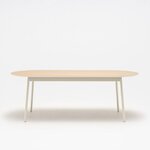 Table de réunion ovale en chêne naturel à pieds blanc perle, vue de face sur fond blanc