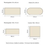Schéma coté des quatre formats de table de réunion : rectangulaires 210 x 90 et 180 x 70 cm, ovale 210 x 90 cm, carrée 140 x 140 cm