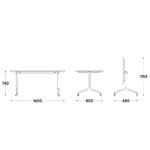Schéma coté de la table rabattable de 160 x 80 cm : hauteur 74 cm, 115,5 cm plateau rabattu