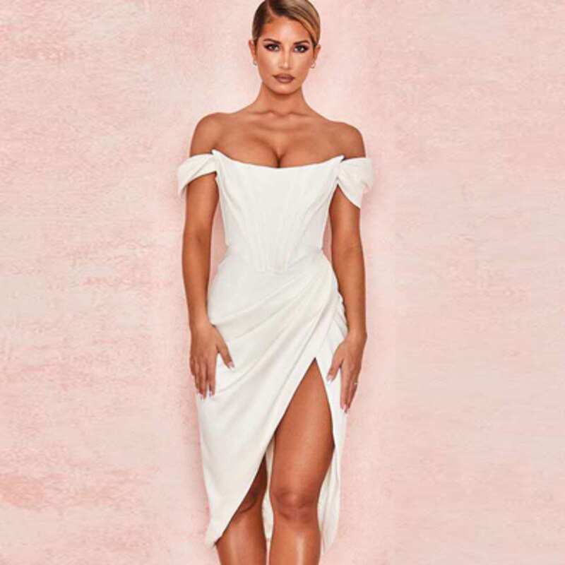 Robe-d-t-blanche-paules-d-nud-es-pour-femmes-Sexy-fendue-haute-sans-bretelles-moulante