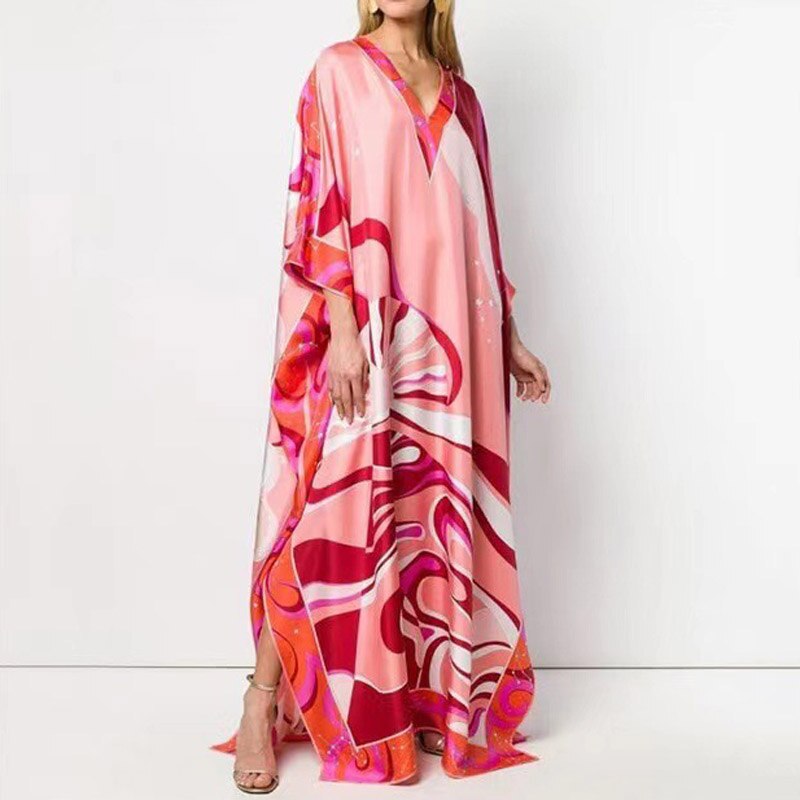 Robe-longue-manches-3-4-pour-femmes-imprim-Floral-ample-Maxi-surdimensionn-e-l-gante-robes