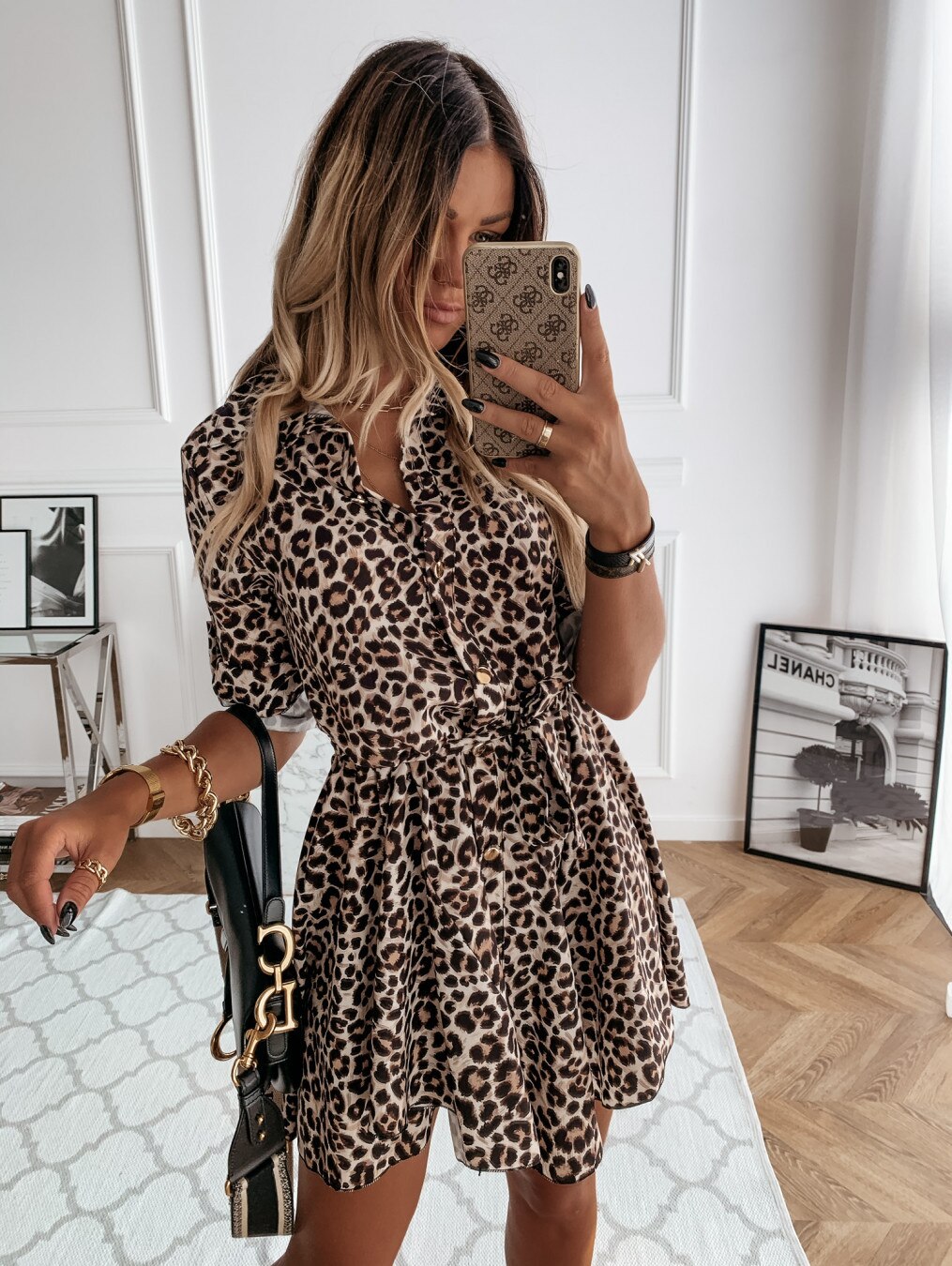 Mode-femmes-couvrir-Animal-imprim-chemises-robe-cravate-taille-retrousser-manches-boutons-vers-le-bas-robe