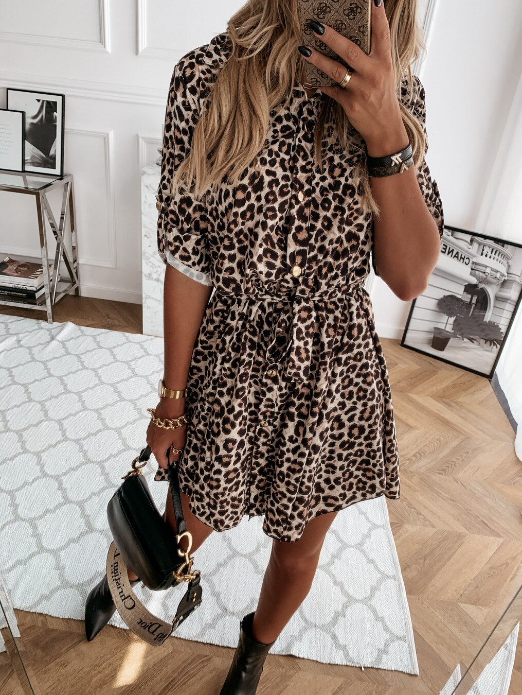Mode-femmes-couvrir-Animal-imprim-chemises-robe-cravate-taille-retrousser-manches-boutons-vers-le-bas-robe