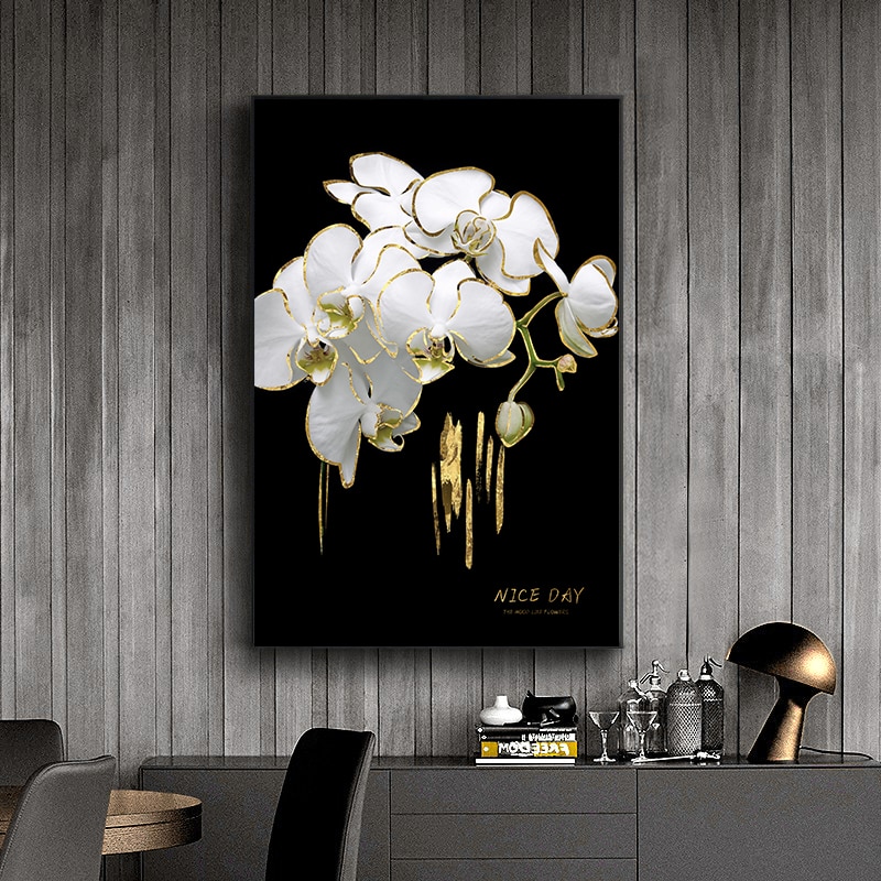 Affiche-de-fleurs-noires-et-blanches-toile-de-luxe-imprim-e-or-d-coration-murale-moderne