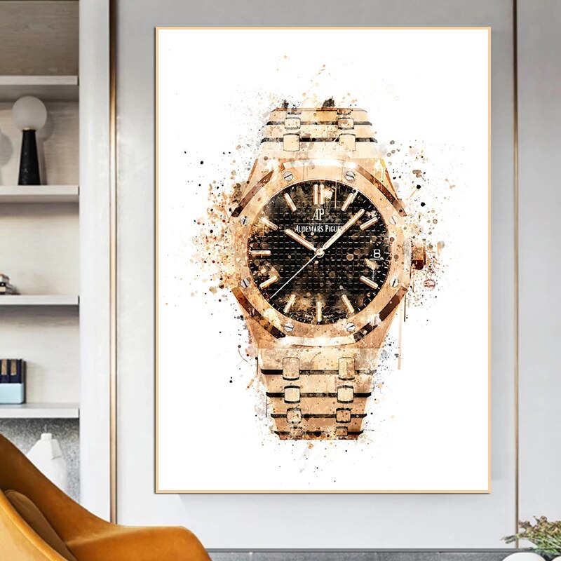 Montre-bracelet-couleur-or-peinture-sur-toile-affiche-d-corative-de-luxe-et-imprim-s-tableau