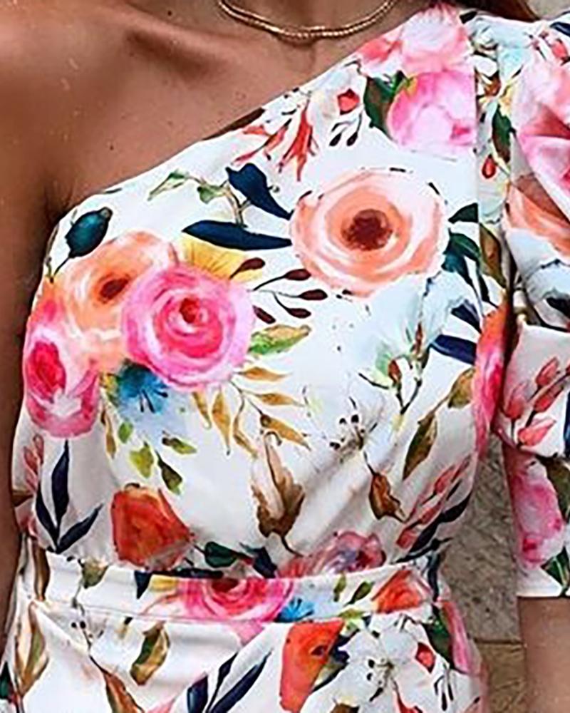 Robe-moulante-imprim-Floral-pour-femmes-asym-trique-paule-d-nud-e-une-manche-plongeante-t