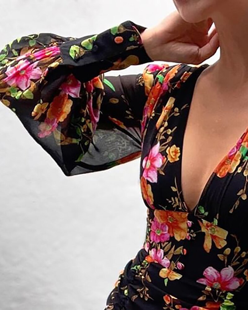 Robe-fronc-e-Sexy-d-collet-en-V-profond-imprim-Floral-manches-longues-lanterne-fronc-e