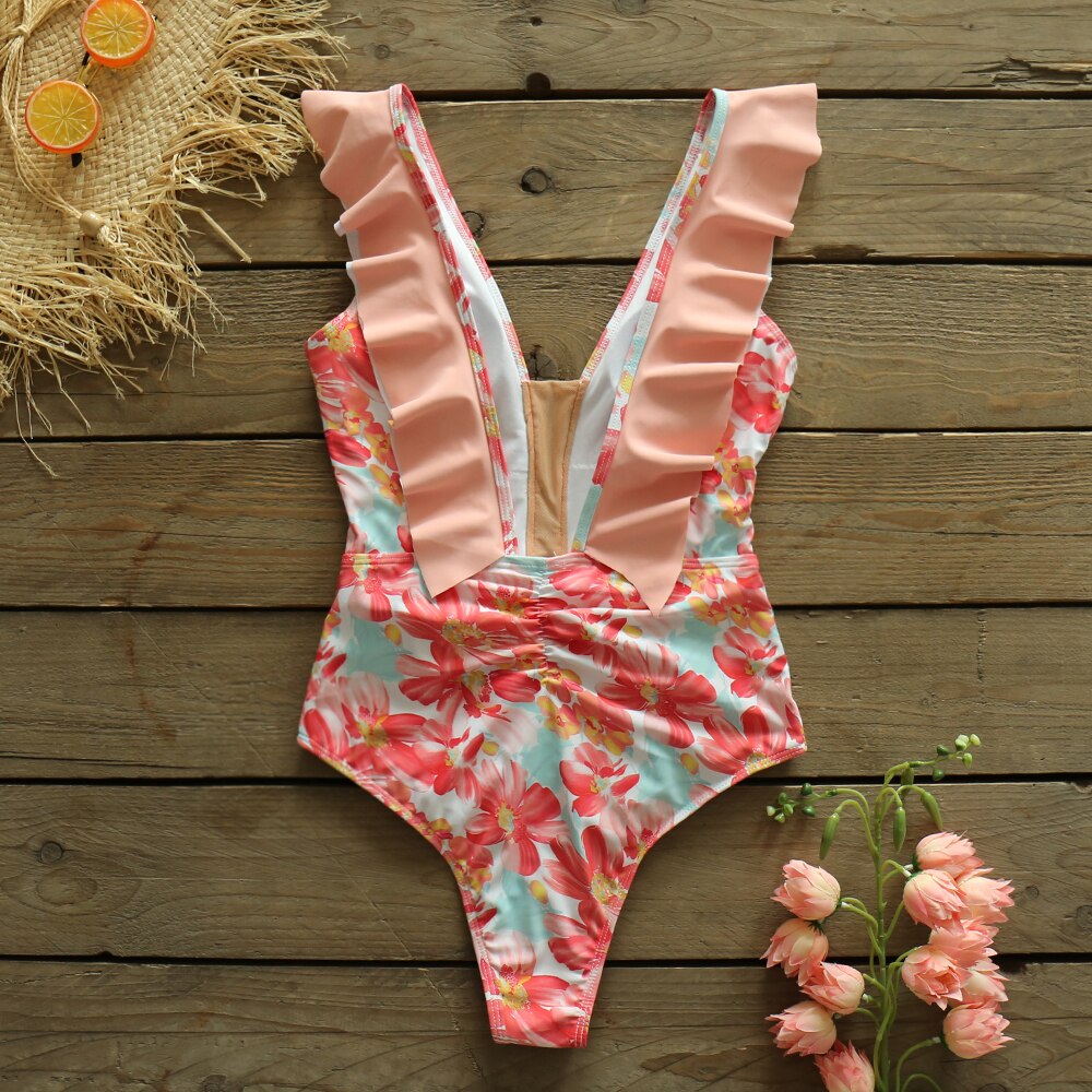 Maillot-de-bain-une-pi-ce-r-tro-Vintage-Sexy-d-collet-en-V-plongeant-volants