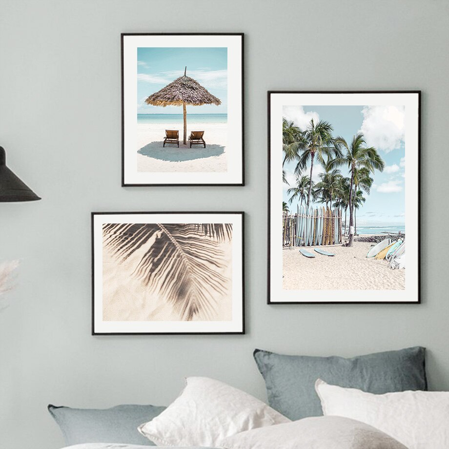 Toile-d-art-mural-de-plage-en-sable-blanc-cocotier-Tropical-affiches-et-imprim-s-nordiques