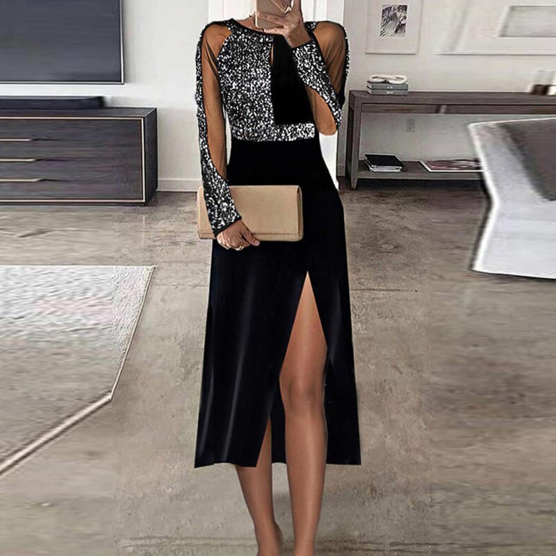 Robe-de-soir-e-en-maille-transparente-pour-femmes-Sexy-ajour-e-l-gante-paillettes-fente