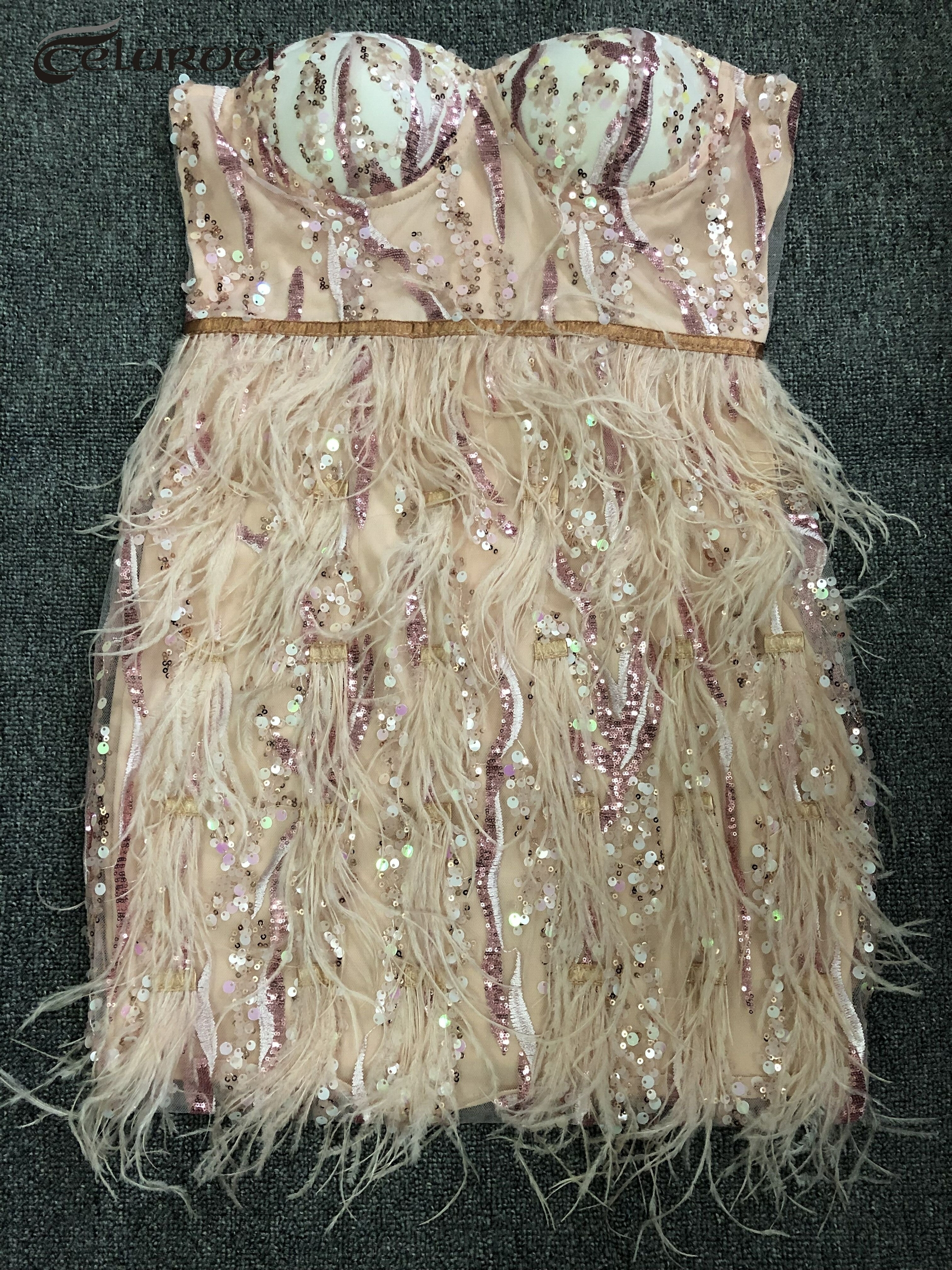 Mini-robe-rose-paillettes-et-plumes-de-haute-qualit-sans-bretelles-la-mode-pour-bo-te
