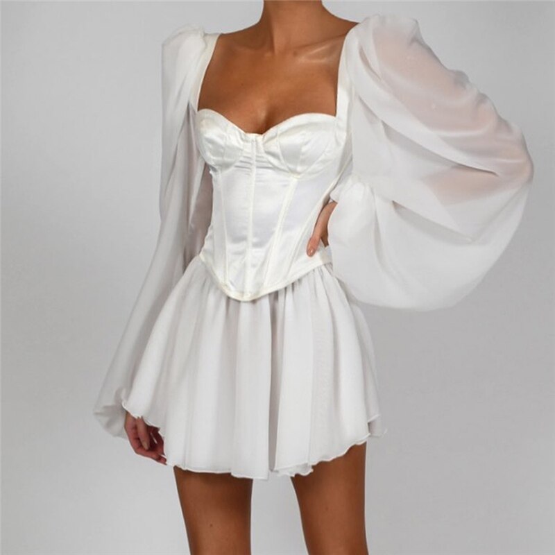 Mini-robe-de-soir-e-blanche-col-carr-et-manches-lanternes-pour-femme-tenue-de-soir