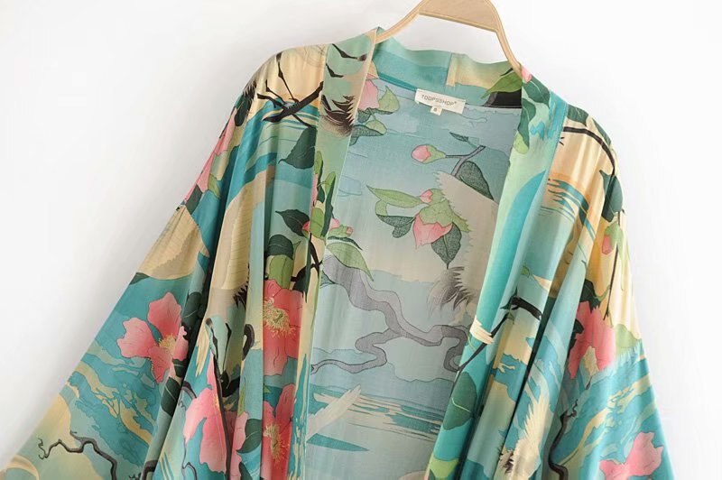 Kimono-manches-longues-imprim-Vintage-vert-style-Boho-cache-maillot-de-bain-pour-Bikini