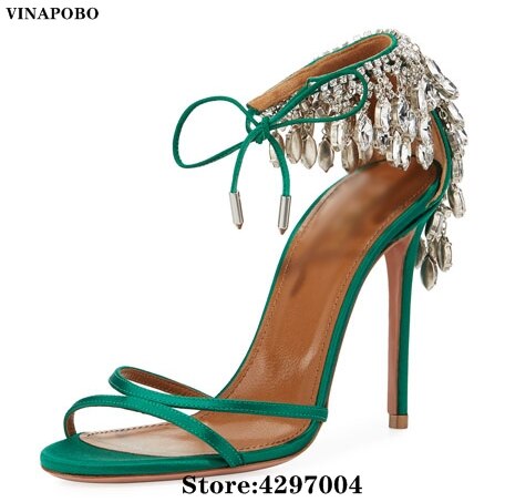 Vinapobo-sandales-franges-en-strass-pour-femmes-nouveau-Design-mode-motif-cuir-vert-bout-ouvert-talons