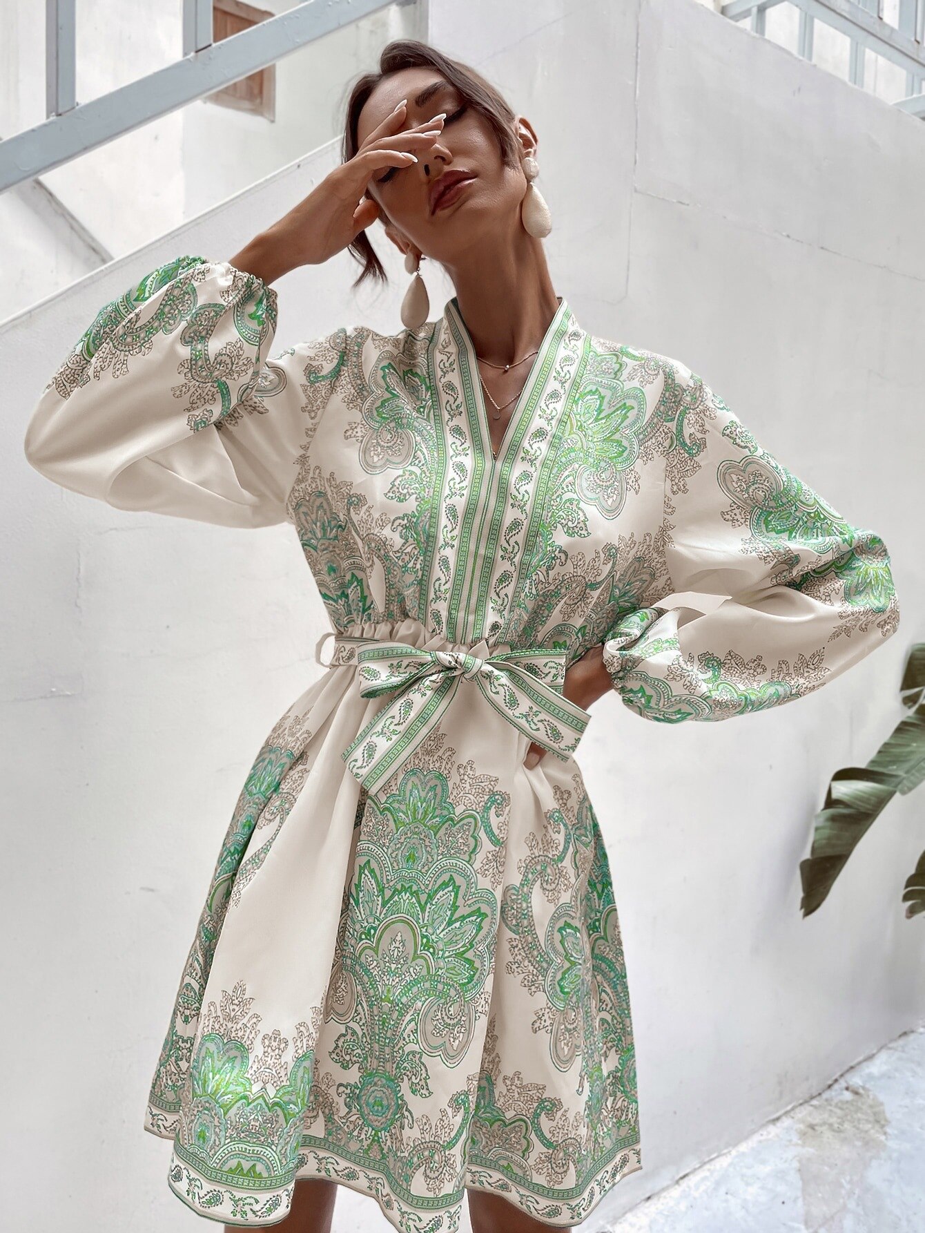 Mini-robe-Vintage-imprim-e-pour-femmes-mode-d-contract-e-col-en-V-style-Boho