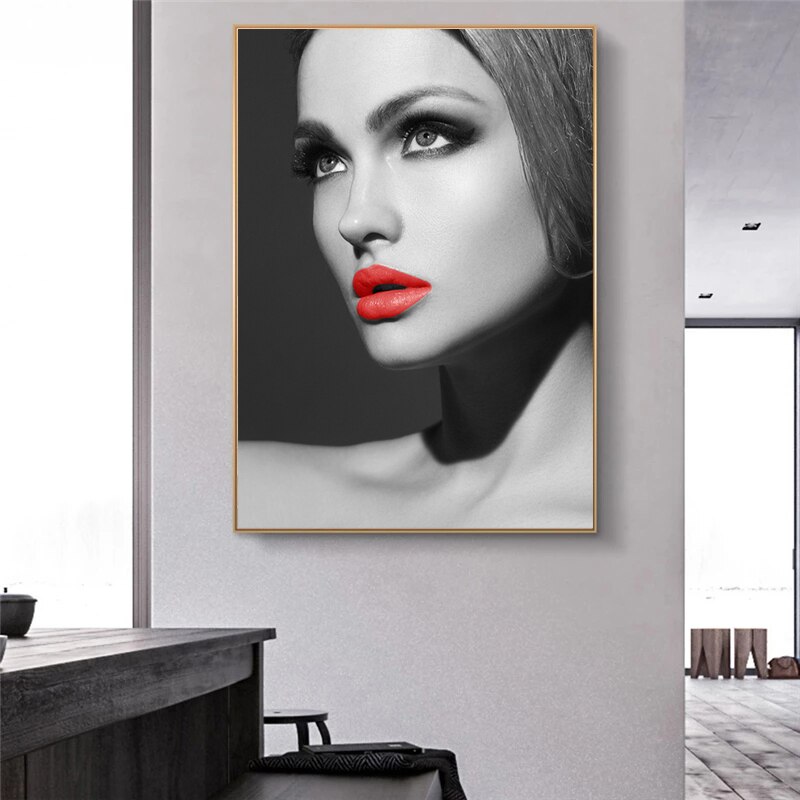 Affiche-de-mode-de-maquillage-Cool-l-vres-rouges-Sexy-peinture-sur-toile-de-femmes-en