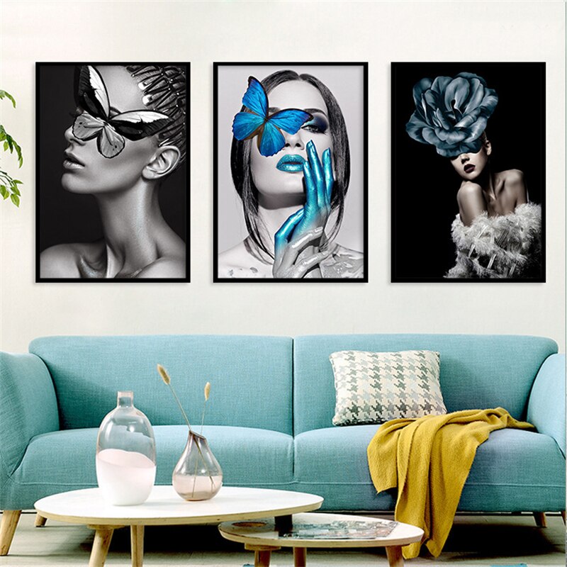 Affiche-de-femmes-avec-papillon-bleu-noir-et-blanc-image-imprim-e-toile-d-art-murale