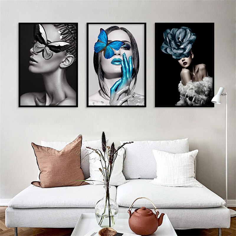 Affiche-de-femmes-avec-papillon-bleu-noir-et-blanc-image-imprim-e-toile-d-art-murale