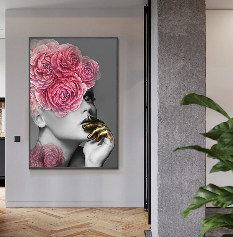 Peinture-l-huile-sur-toile-de-femmes-en-or-fleur-moderne-sur-la-t-te-affiche