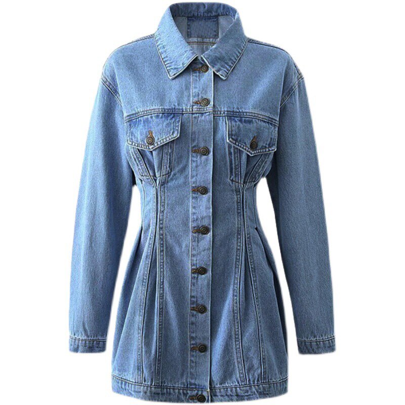 Robe-courte-en-Denim-pour-femme-Vintage-ann-es-90-couleur-unie-manches-longues-revers-simple