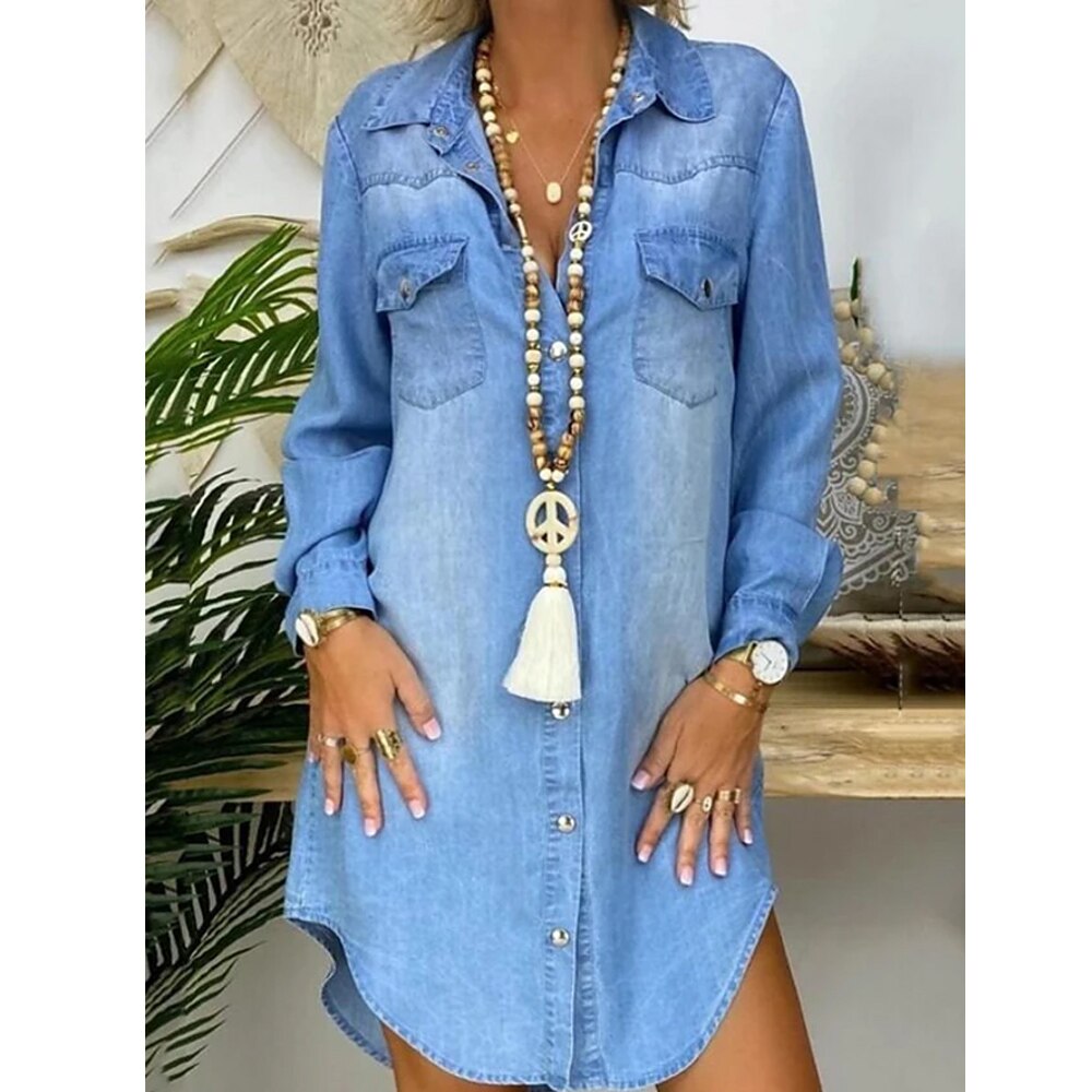 Robe-droite-en-Denim-pour-femmes-chemise-d-contract-e-manches-longues-et-col-rabattu-avec