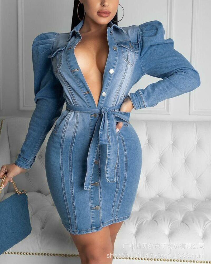 Robe-en-Jean-manches-longues-et-col-rabattu-pour-femme-tenue-crayon-boutons-Slim-Fit-en