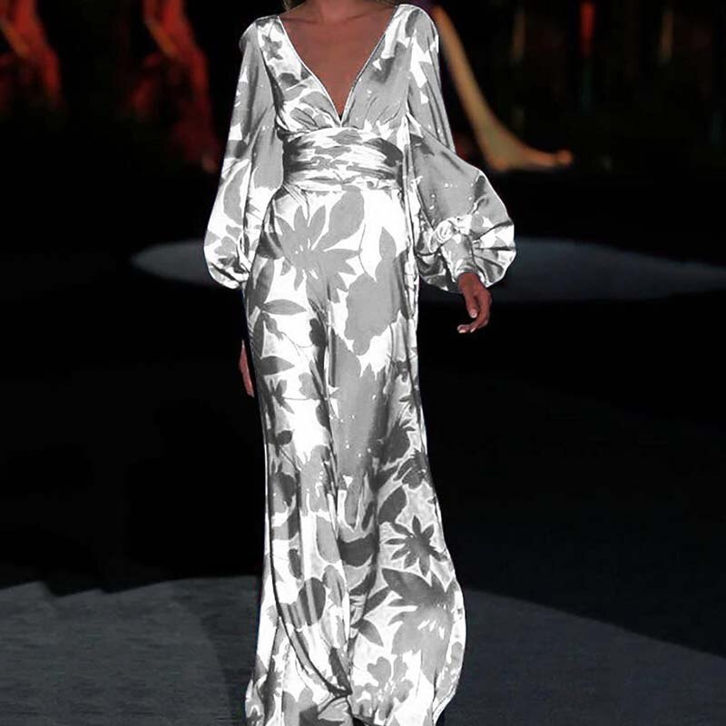 Robe-longue-imprim-e-manches-lanternes-d-collet-en-V-profond-taille-haute-d-contract-e