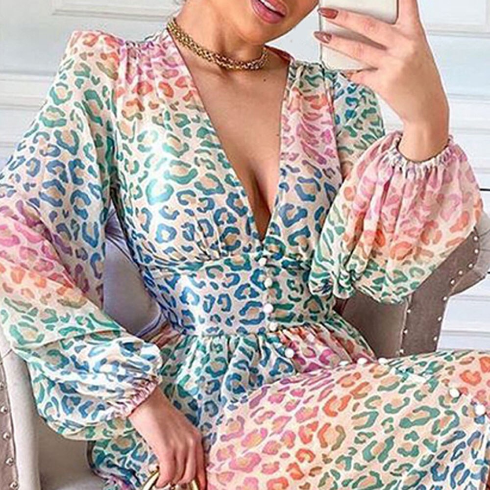 Robe-imprim-e-l-opard-de-Style-occidental-col-en-v-manches-longues-taille-haute-ample