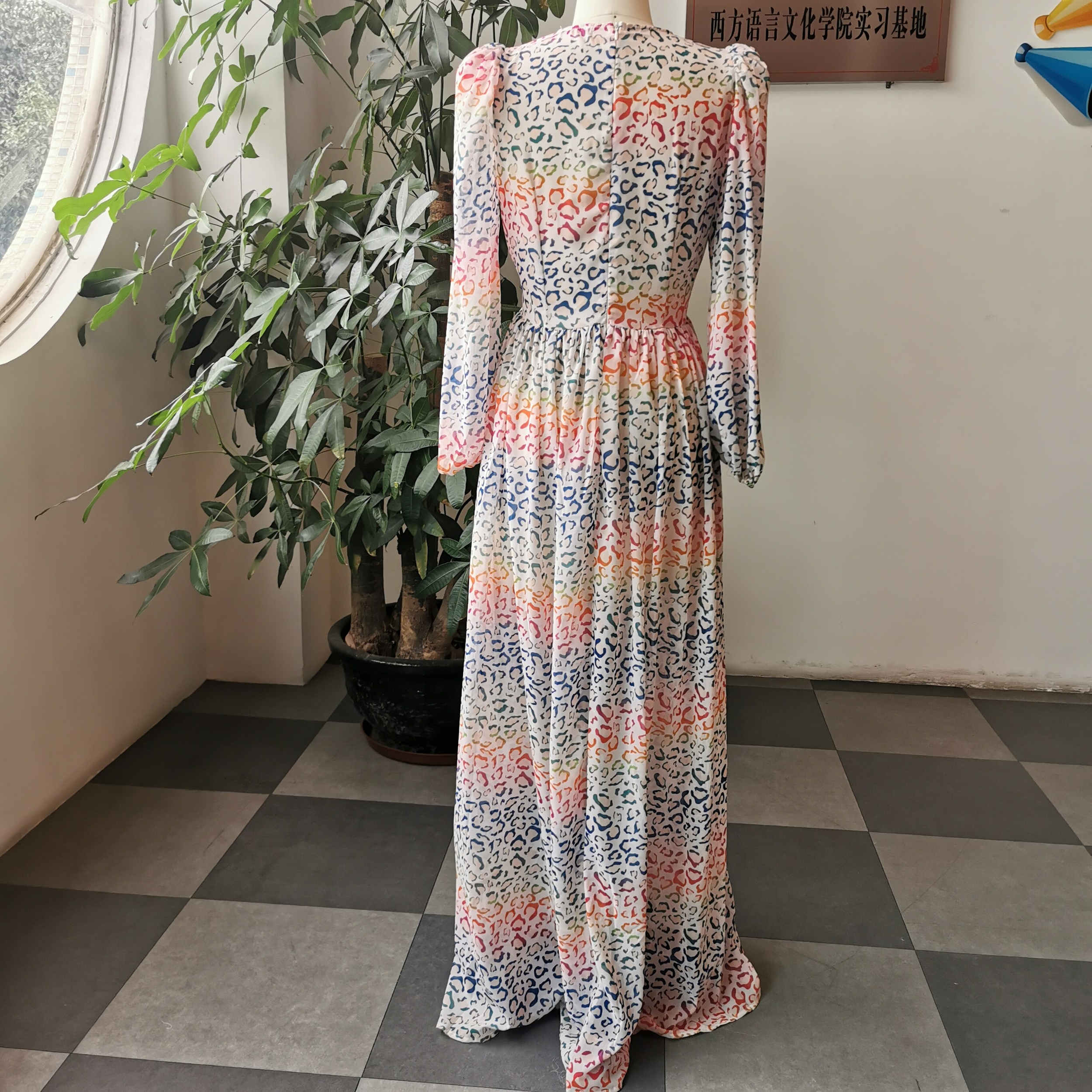 Robe-imprim-e-l-opard-de-Style-occidental-col-en-v-manches-longues-taille-haute-ample