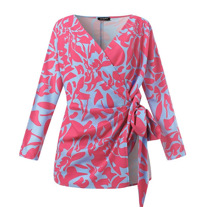 VONDA-Chemise-imprim-e-Vintage-pour-femmes-col-en-v-chemisier-d-contract-tunique-de-plage