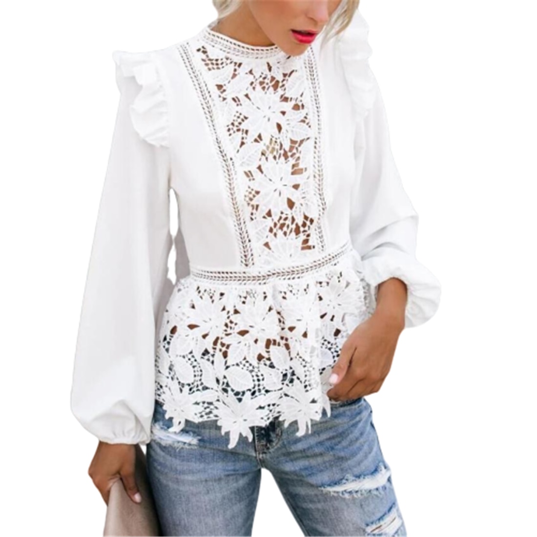 Chemisier-en-dentelle-florale-pour-femmes-l-gant-style-Boho-manches-longues-blanc-volants-ajour-chemise