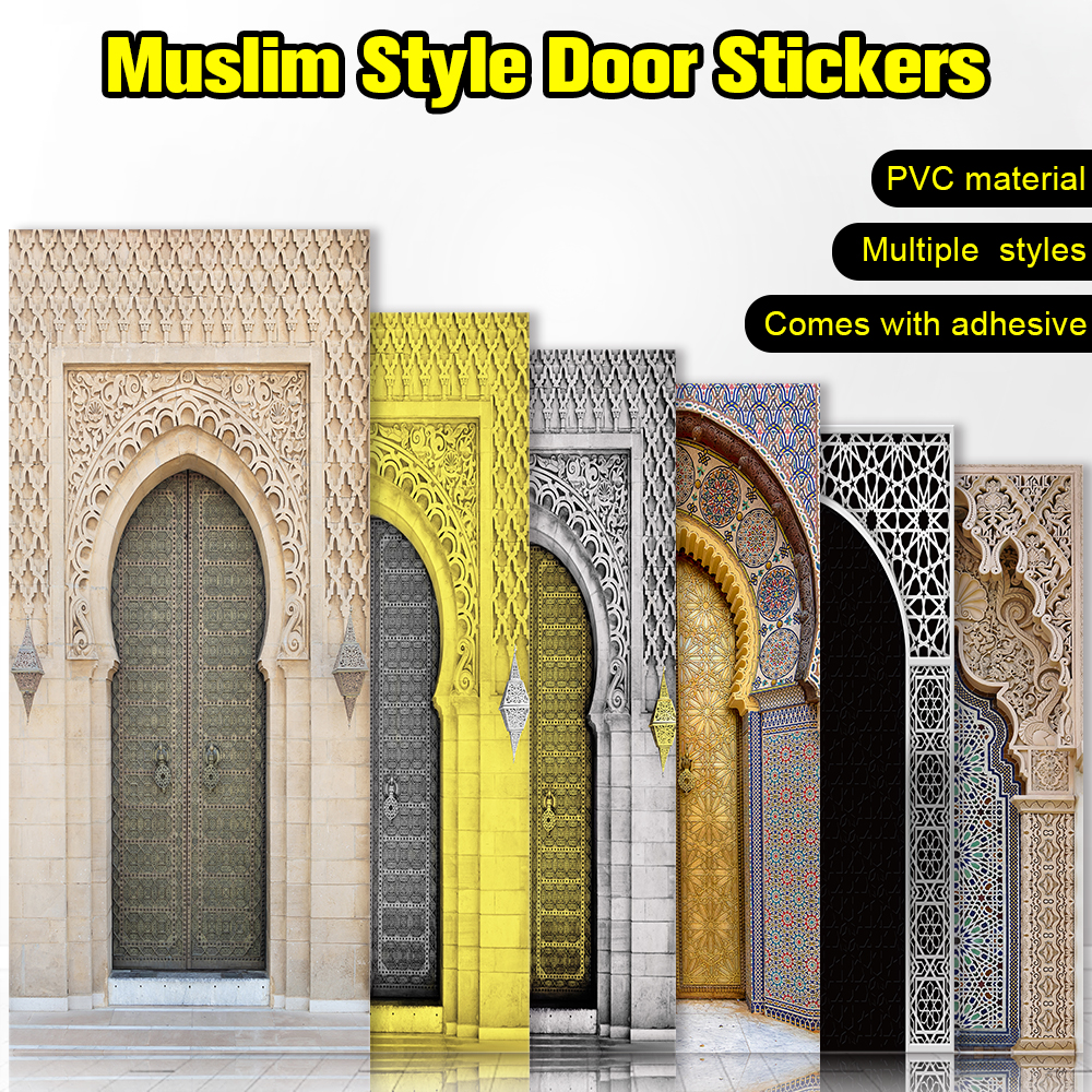 Autocollant-Mural-Art-porte-r-tro-Style-musulman-2-pi-ces-ensemble-papier-peint-imperm-able